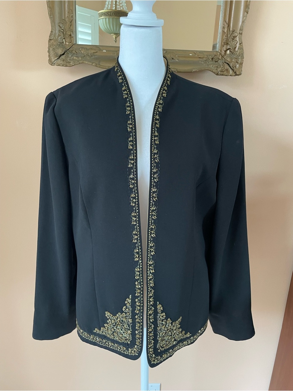 Black Poly Lined Embroidered Open Front Jacket with Gold Accents Jacket M
